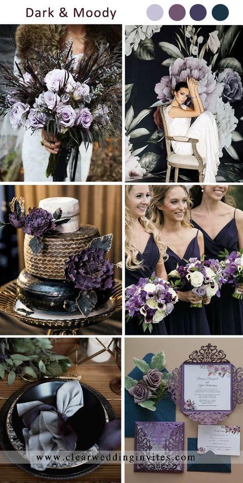 February Wedding Purple, Dark Lavender Wedding Theme, Moody Romance Wedding Colors, Black Purple And Dark Green Wedding, Moody Purple Bridesmaid Dresses, Moody Goth Wedding, Black And Blue Gothic Wedding, Black Lavender Wedding, Deep Moody Wedding