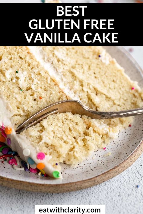 This is the best gluten free vanilla cake recipe. It's made in one bowl, dairy free and topped with a simple vanilla buttercream frosting. You can make it funfetti so it's the perfect cake recipe for a birthday or party. Best Gluten Free Vanilla Cake Recipe, Gluten Free Birthday Cake Recipe, Gluten Free Vanilla Cake Recipe, Sugar Free Vanilla Cake, Best Gluten Free Cake Recipe, Gluten Free Dairy Free Cake, Dairy Free Vanilla Cake, Dairy Free Birthday Cake, Dairy Free Buttercream