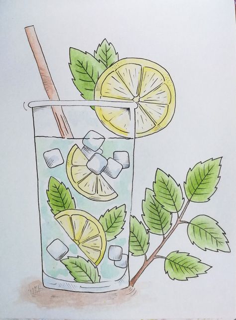 How To Draw Lemonade, Summer Drink Drawing, Drink Art Drawing, Lemonade Drawing, Foods Painting, Drink Drawing, Ice Drawing, Lemon Drawing, Pokemon Painting