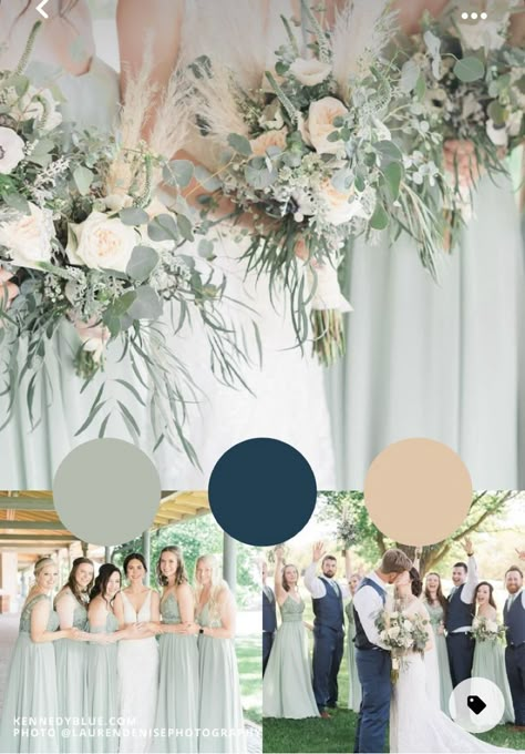 Lakeside Wedding Color Scheme, Wedding Flowers For Sage Green Theme, Navy Sage Green Wedding, Navy Eucalyptus Wedding, Summer Colour Palette Wedding, Eucalyptus Wedding Bridesmaid Dress, Eucalyptus Color Palette Wedding, Sage And Navy Blue Wedding, Forest Green And Navy Wedding