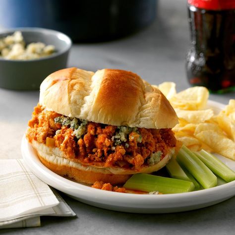 Lean ground turkey makes this a lighter sloppy joe than the standard ground beef version. A hefty splash of hot sauce and optional blue cheese provide an authentic Buffalo-style flavor. —Maria Regakis, Saugus, Massachusetts Buffalo Ground Beef Recipes, Breakfast Sloppy Joes, Buffalo Sloppy Joes, Saugus Massachusetts, Meat Sandwiches, Blue Cheese Recipes, Buffalo Style, Best Dutch Oven, Sloppy Joes Recipe