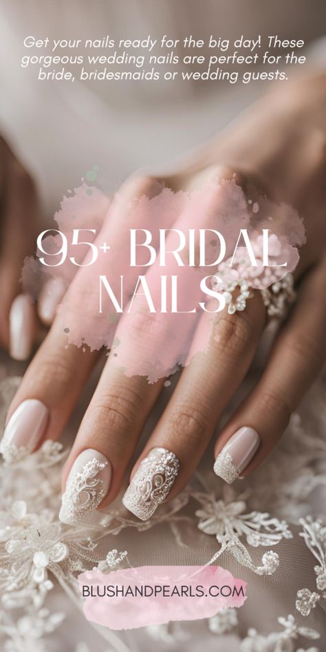 bridal nails. wedding nails. glam nails Sparkle Wedding Nails For Bride, Non Traditional Wedding Nails For Bride, Gel Nails For Bride Wedding Day, Gel Nails For Wedding The Bride, White Lace Nails Wedding, Easy Wedding Nails, Ombre Nails For Wedding, Wedding Nails And Toes For Bride, Wedding Nails For Bride Winter