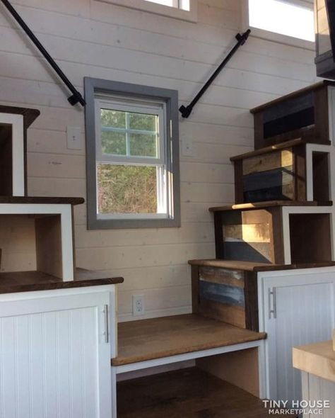 20-ft. Dual Loft Tiny House For Sale in Atlanta Loft Tiny House, Custom Tile Shower, Oak Laminate Flooring, Tiny House For Sale, Tiny House Listings, Tiny House Floor Plans, Oak Laminate, Sleeping Loft, Modern Tiny House