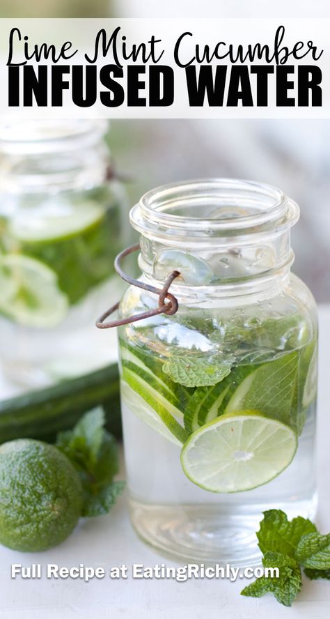 Cucumber Mint Lime Water, Lime And Mint Water, Mint Lime Water, Cucumber Drinks, Cucumber Mint Water, Cucumber Infused Water, Flavor Water, Health Juice, Cucumber Detox Water