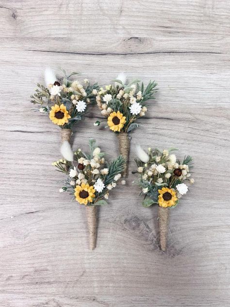 Olive Green Wedding With Sunflowers, Mini Sunflower Boutonniere, Bootinterieur Wedding Sunflower, Sunflower Wedding Boutonniere, Sage Green And Sunflower Wedding Decorations, Sunflower Boutineer, Sunflower Button Holes Wedding, Bridesmaid Bouquet Sunflower, Sunflower Boutonniere Groomsmen