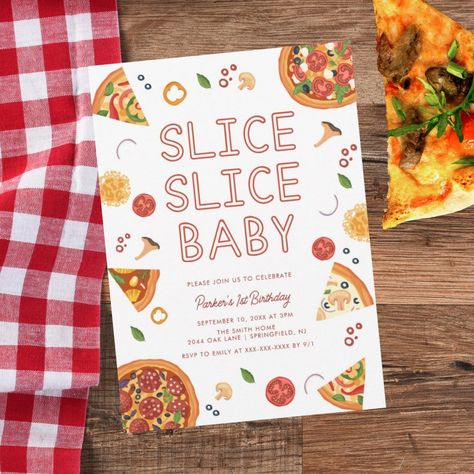 Pizza First Birthday Party, Pizza First Birthday, Slice Slice Baby, Baby Pizza, Birthday Pizza, Slice Pizza, Gender Neutral Baby Shower Invitations, Modern Birthday, Invitation Baby Shower