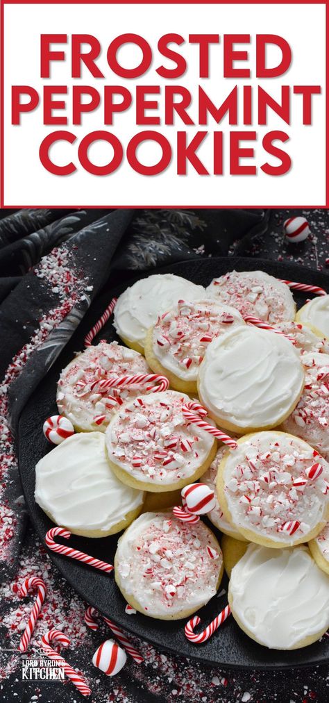 If you love peppermint, these cookies have all the peppermint you could possibly need! Frosted Peppermint Cookies have a buttercream peppermint frosting and lots of crushed candy canes on top. These cookies are soft and moist and melt in your mouth! #christmas #cookies #buttercream #candycanes #peppermint Peppermint Frosting, Cake Bundt, Holiday Eggnog, Xmas Cookie, Peppermint Cake, Candy Cane Cookies, Cranberry Cookies, Peppermint Cookies, Recipes Christmas