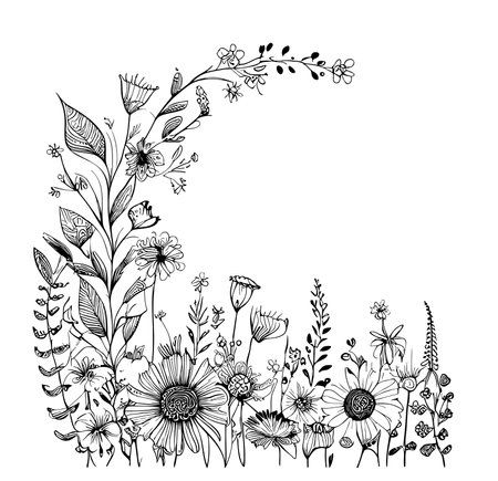 Wild flowers frame in boho style sketch hand drawn vector illustration Stock Photo Boho Flower Drawing Illustrations, Flower Frame Tattoo Design, Wildflower Sketch Simple, Meadow Flowers Drawing, Wild Flowers Drawing Sketch, Boho Flower Drawing, Carrie Tattoo, Boho Sketches, Flower Drawings Simple