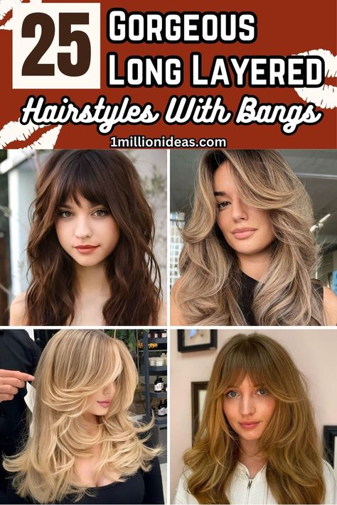 25 Gorgeous Long-Layered Hairstyles With Bangs Long Hair With Bangs And Layers, Long Length Haircuts, Fine Hair Bangs, Long Layers With Bangs, Long Haircuts With Bangs, Sleek Bob Hairstyles, Layered Haircuts With Bangs, Side Bangs Hairstyles, Layered Hair With Bangs