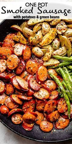 Spicy, smoky, and savory, Smoked Sausage with Potatoes and Green Beans cooks up in one skillet in less than 30 min. It’s a perfect weeknight dinner idea! #onepot #dinnerideal #easydinner Smoked Sausage With Potatoes, Sausage With Potatoes, Sausage Recipes For Dinner, Potatoes And Green Beans, Smoked Sausage Recipes, Sausage Dinner, Sausage Dishes, One Skillet, One Pot Dinner