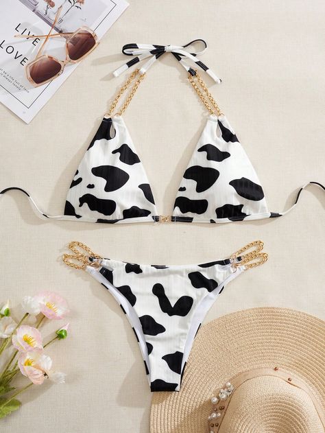 Summer Beach Women's Cow Print V-Neck Halter Strap Swimsuit Set Multicolor     Animal,All Over Print  Medium Stretch  Women Clothing, size features are:Bust: ,Length: ,Sleeve Length: Cow Print Bathing Suit, Western Summer Outfits, Cow Stuff, Casual Country Outfits, Swim Summer, Western Wear Outfits, Cute Country Outfits, Bathing Suits One Piece