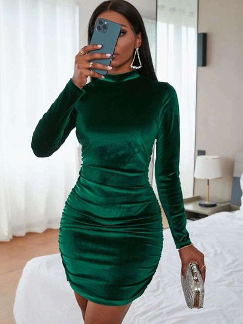 SHEIN SXY Ruched Mock Neck Velvet Bodycon Dress | SHEIN USA Velvet Bodycon Dress, Green Velvet Dress, Mock Neck Dress, Off Shoulder Fashion, Shein Dress, Slim Fit Dresses, Long Sleeve Bodycon, Long Sleeve Bodycon Dress, Green Fashion