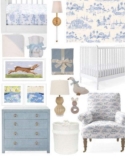 French Toile Nursery, Blue Willow Nursery, Blue Toile Nursery, Nursery Sconces, Grandmillenial Boys Nursery, Serena And Lily Nursery, Toile Nursery, Parisian Nursery, Dresser Chair