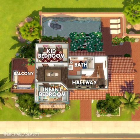 Michaela Sims | Sims 4 Builder ✨🇨🇿 | And today, the floor plan of my Family Oasis Suburban 🌴 I am going to be completely honest, I like how the build turned out however I did… | Instagram Sims 4 Exterior, Sims 4 Ideas, Oasis Springs, Sims 4 House, Sims 4 Family, Sims 4 House Plans, Sims 4 House Building, Suburban House, Sims 4 House Design