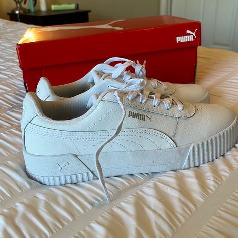 Size 11. Runs Small. Fits Like A 10. Puma White Silver. Never Worn. With Original Box. Puma Carina Sneakers, New Puma Sneakers, Motorsport Shoes, Puma Tennis, Puma Tennis Shoes, Hockey Shoes, Slip On Tennis Shoes, Puma Carina, Metallic Sneakers