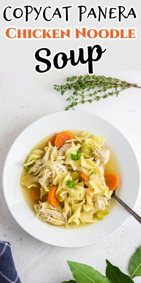 Make your own Panera-style chicken noodle soup! Simple steps for a tasty homemade version on top of the stove or in the slow cooker. Chicken Noodle Soup Simple, Panera Bread Chicken Noodle Soup, Panera Chicken Noodle Soup, Copycat Panera Bread, Bread Chicken, Soup Simple, Chicken Soups, Chicken Noodle Soup Recipe, Noodle Soup Recipe