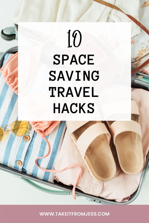 10 Space Saving Travel Hacks that will help you get organized and reduce stress while traveling. From packing cubes to saran wrap, I've got all the tips and tricks you need to be efficient when traveling. Favorite Things Party, Packing Hacks, Saran Wrap, Garment Cover, Travel More, Packing Cubes, Happy Travels, Get Organized, Travel Hacks