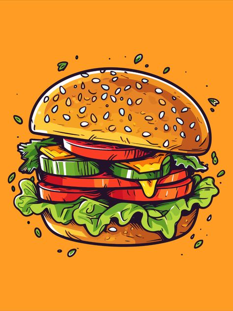 Cheeseburger Tattoo, Sandwich Drawing, Burger Drawing, Burger Art, Hamburger Sandwich, Burger Cartoon, Pop Art Food, Menu Poster, Beach Art Painting