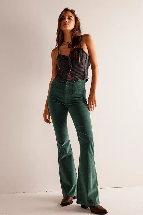 free people; summer; short; style; spring; casual; clothes; cozy; pockets; fit; style; vacation; chic; fashion; shopping; shopping; free-est; fall; winter; warm; layering; we the free; intimately; corduroy; green; flare; jeans; Jeans Free People, Green Fits, Corduroy Jeans, 70s Fashion, Retro Inspired, Boho Outfits, Flare Jeans, Fashion Inspo Outfits, Personal Style