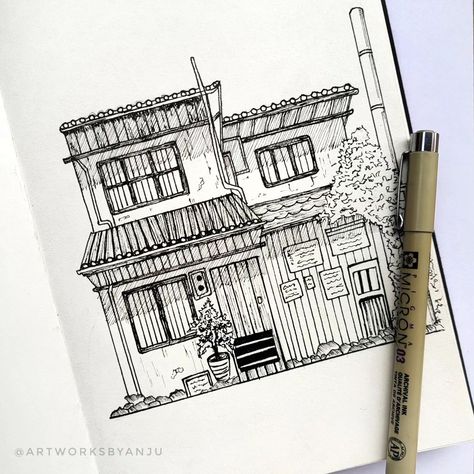 Japanese Sketch Art, Japanese House Drawing, Phone Sketch, Arch Sketch, Exterior Sketch, Urban Ideas, Ink Pen Art, Architecture Drawing Sketchbooks, Urban Sketches