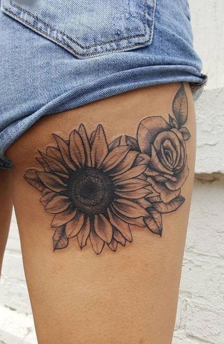 Sunflower Mandala Tattoo, Back Of Thigh Tattoo, Sunflower Tattoo Meaning, Sunflower Tattoo Ideas, Sunflower Tattoo Shoulder, Tattoos For Girls, Tattoos Skull, Sunflower Tattoos, Thigh Tattoos Women