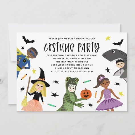 Cute Modern Halloween Birthday Costume Party Invitation - halloween invitations wbg Costume Invitation, Halloween Birthday Costume, Disney Villains Halloween, Birthday Costume Party, Villains Halloween, Halloween Invitations Kids, Costume Party Invitation, Halloween Birthday Party Invitations, Halloween Costume Party Invitations