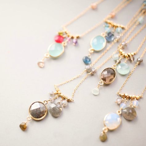 Jeweled Necklace, Gold Gemstone Necklace, Delicate Gold Chain, Bezel Necklace, Gemstone Necklaces, Aqua Chalcedony, Gemstone Jewelry Handmade, Latest Jewellery, Chain Necklaces