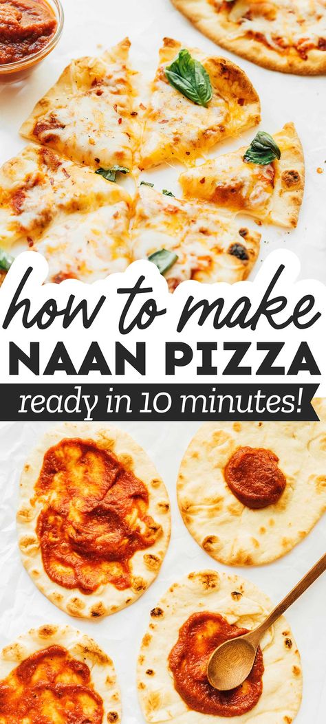 This healthy naan pizza recipe has lots of topping ideas for your next homemade pizza night. Make a vegetarian flatbread pizza tonight! It's a fun family favorite that makes a healthy dinner full of flavor. #pizza #naan #healthydinner #easyrecipe #vegetarian Nann Pizza, Healthy Naan, Homemade Pizza Crust Easy, Vegetarian Flatbread, Naan Pizzas, Homemade Pizza Night, Pizza Naan, Easy Naan, Vegetarian Italian Recipes