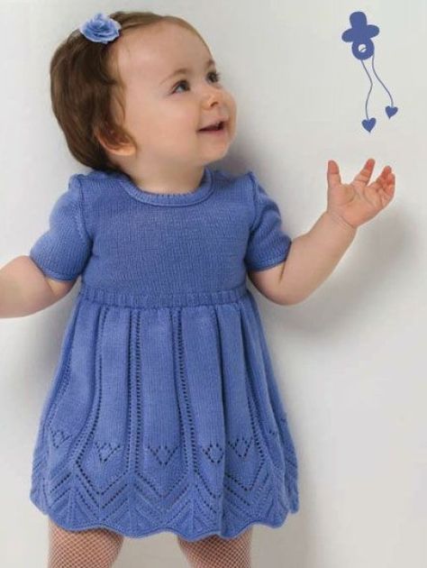 Cute Baby Knitted Dress - Free Pattern Blue Baby Dress, New Dress Pattern, Dress Knitting, Girls Knitted Dress, Knit Dress Pattern, Baby Dress Pattern, Knit Baby Dress, Dress Patterns Free, Baby Knitting Patterns Free