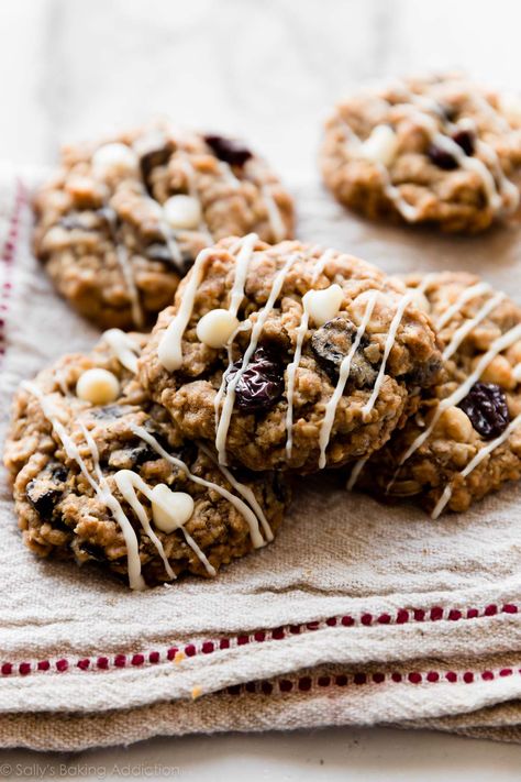 White Chocolate Chip Cherry Oatmeal Cookies | Sally's Baking Addiction Craisin Cookies, White Chocolate Oatmeal, Cranberry White Chocolate Chip Cookies, Cherry Oatmeal Cookies, Cranberry Cookies Recipes, Cherry Oatmeal, Cranberry White Chocolate, White Chocolate Cranberry Cookies, Oatmeal Cranberry Cookies