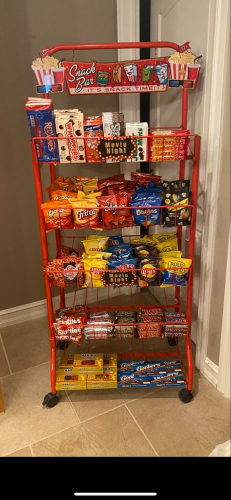 Movie Night Bar Cart, Nursing Home Snack Cart Ideas, Diy Snack Station Bedroom, Snack Stand Display, Movie Snack Cart, Teen Snack Bar, Snack Shack Ideas Concession Stands, Snack Shelf Ideas, Snack Cart For Room