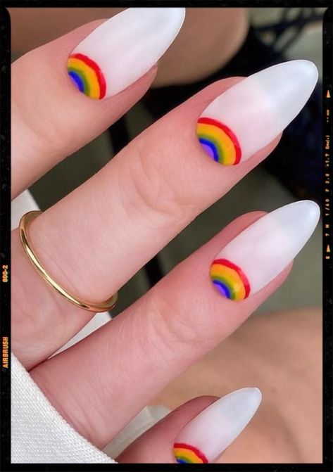 White Nails With Rainbow Designs, White Rainbow Nails, Rainbow Nails Short, Gender Reveal Nails, Matte White Nails, Nails Rainbow, Rainbow Nails Design, App Filter, Rainbow Nail