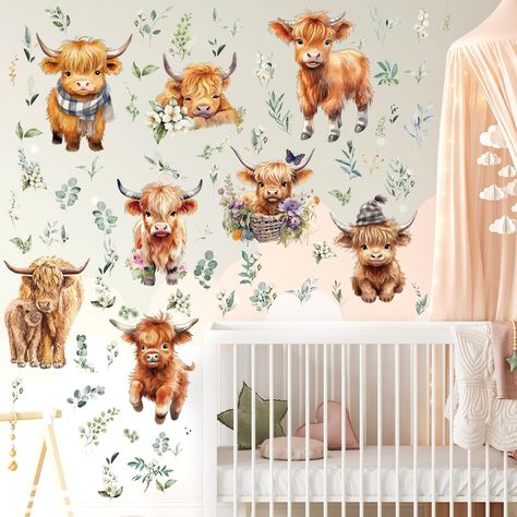 PRICES MAY VARY. What You Will Get: package includes 12 sheets of highland cow wall decors, with exquisite and cute elements, like highland cow and eucalyptus leaves; Sufficient quantity is ideal for your child to DIY an adorable and unique space Eye Catching Design: each sheet of highland cow nursery decor measures about 32 x 27 cm/ 12.5 x 10.6 inch, can be noticed from a distance, suitable for decorating bedroom, living room, classroom, nursery, kindergarten, daycare and so on, which will attr