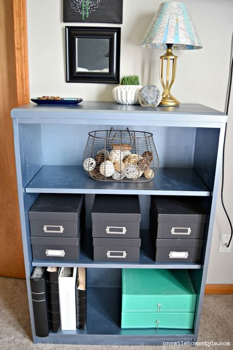 Bookcase Makeover, Blue Bookcase, Upcycle Dresser, White Wash Brick, Metal Bookcase, Bedroom Organization, Lego Storage, How To Give, Metallic Blue