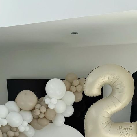 BALLOONS BY SYD⚡️ on Instagram: "Maddy’s Twenty First 🥂🤍   Personalised mini board with balloon arch in colours white sand and fashion white🌟 @sempertex   Large cream satin coloured numbers to match 🤩 @grabo.balloons   #twentyfirst #21 #balloon #balloondecoration #balloonart #neutral #neutraldecor" White And Cream Balloon Garland, Neutral Color Balloon Garland, Neutral Color Balloons, White Sand And Gold Balloon Garland, Cream Number Balloons, Fashion White, Satin Color, Balloon Art, Neutral Decor