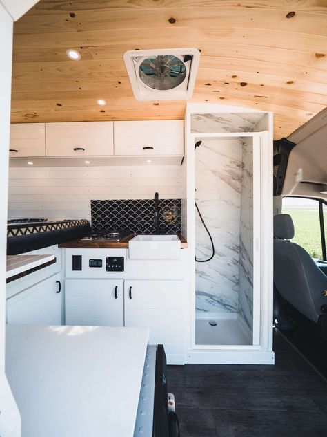 Reno Camper, Camper Van Interior Ideas, Van Interior Ideas, Camper Van Shower, Camper Van Interior, Shower Build, Custom Camper Vans, Ford Transit Camper, Plywood Design