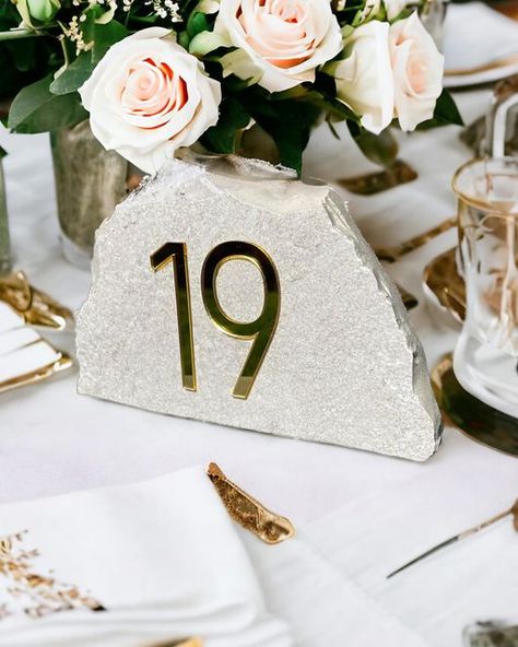 Beyond Engravables/ Lux Wedding & Event Signage and Custom Gifts on Instagram: "Say hello to our natural stone table numbers! Each one is uniquely crafted to add that extra touch of elegance to your event’s table setting. Prepare for heads to turn and jaws to drop. #TableSettingPerfection #NaturalElegance 🌿🍽️ #weddings #events #tablenumbers" Stone Table Numbers, Natural Stone Table, Lux Wedding, S Table, Stone Table, Event Signage, Custom Gifts, Table Numbers, Wedding Event