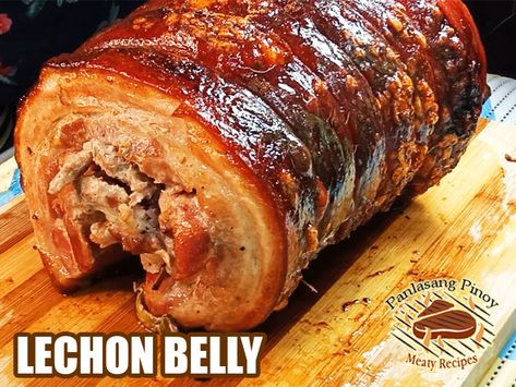 Recipe With Stuffing, Pork Belly Lechon Recipe, Dinuguan Recipe, Cebu Lechon, Lechon Recipe, Lechon Belly, Filipino Bbq, Belly Roll, Pinoy Recipe