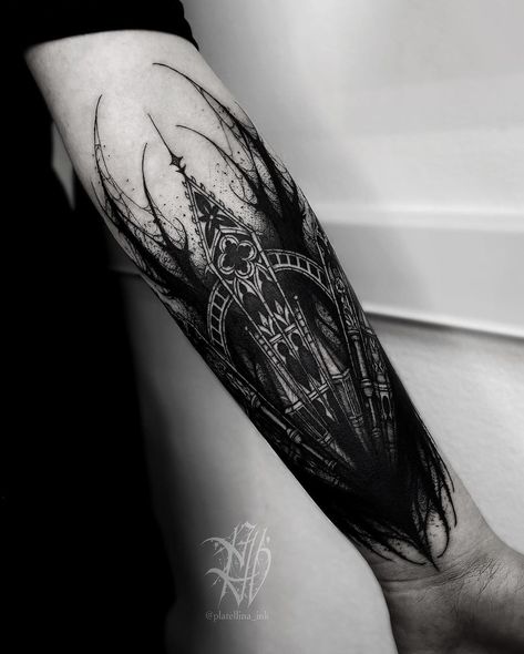 Dark Gothic Tattoo | Tbilisi | Georgia | Gothic Castle | 7 hours I'm booking for tattoo sessions in Tbilisi for May and June✍🏻 For all questions please contact me in DM ->… | Instagram Roman Gothic Tattoo, Gothic Filigree Tattoo, Neo Gothic Tattoo, Gothic Tattoo Ideas For Men, Gothic Stomach Tattoo, Goth Arm Tattoo, Georgia Gothic, Gothic Church Tattoo, Creepy Tattoo Ideas Dark Art