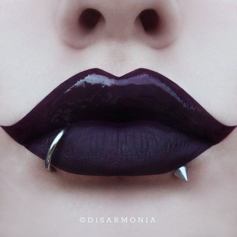 @DISARMONIA  |  Veronica Anrathi   Potion, 2017   |  @d1sarmon1a  Instagram Lip Piercing Jewelry, Purple Tips, Cool Piercings, Lipstick Art, Alternative Makeup, Cute Piercings, Gothic Makeup, Goth Makeup, Body Piercings