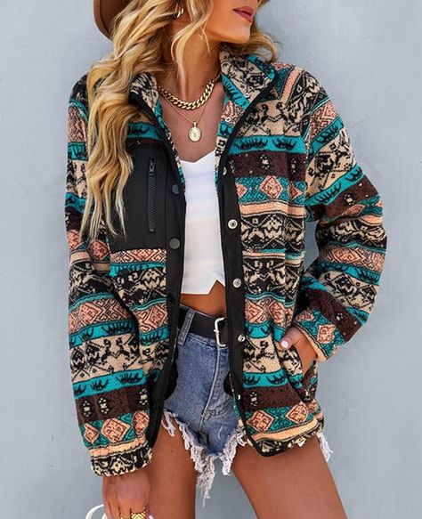 SELINK Womens Fleece Jacket Western Aztec Print Long Sleeve Snap Button Down Shacket Jackets with Pockets Fleece Jacket Womens, Cardigan Casual, Sleeves Clothing, Weave Style, Casual Vest, Street Look, Business Outfit, Sherpa Jacket, Warm Jacket