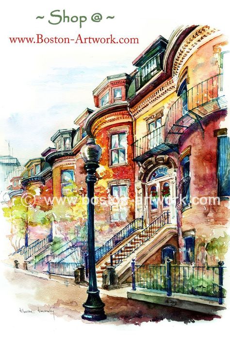 SOUTH END NEWTON ST.- Art Print — BOSTON ARTWORK | Boston artwork, Watercolor paintings, Watercolor art diy Watercolor Learning, Unique Watercolor Paintings, Architectural Watercolor, Boston Poster, Historical House, Loose Watercolor Paintings, Painted Houses, Watercolor Art Diy, Daily Sketch