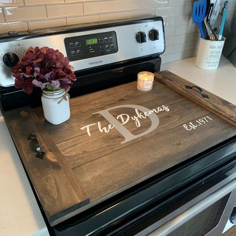 Planked Wooden Oven Cover, Painted Details Stove Covers, Wooden Stove, Wooden Stove Top Covers, Noodle Boards, Garage Renovation, Noodle Board, Stove Top Cover, Diy Wooden Projects, Diy Kitchen Decor