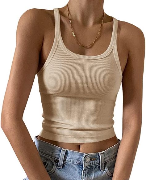 Artfish Women's Sleeveless Tank Top Form Fitting Scoop Neck Ribbed Knit Basic Oatmeal Color Cami Tight Fitted Beige Tan M at Amazon Women’s Clothing store Crop Top Camisole, Print Shirts Women, Knitted Crop Tank Top, Crop Top Designs, Vest Crop Top, Cami Shirt, Womens Sleeveless Tops, Ribbed Crop Top, Sport Dress