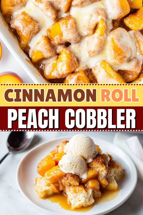 Made with pie filling and refrigerated dough, this 2-ingredient cinnamon roll peach cobbler is a quick breakfast or dessert the whole family will love. Easy Dessert With Peaches, Cinnamon Rolls With Peach Pie Filling, Peaches And Biscuits Desserts, Cinnamon Rolls Pie Filling, Dessert Cobbler Recipes, Cinnamon Peach Crumble Bars, Easy Peach Cobbler Cinnamon Rolls, Easy Food Dessert, Cinnamon Rolls Peach Cobbler