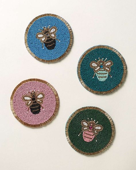 Beaded Coasters Diy, Bead Coasters, Beaded Coasters, Gold Home Accessories, Coaster Art, Unique Coasters, Bee Print, Embroidered Cushions, Oliver Bonas