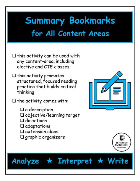 Students can create one or more bookmarks to track the main ideas and write summaries for each chapter, heading, or subheading as they read. The level of the summary should depend on the depth of the topic or concept that is being covered in the text. Literacy Coach, Summary Writing, Literacy Coaching, Learning Targets, Main Idea, Graphic Organizers, Teacher Store, Educational Resources, Teacher Pay Teachers