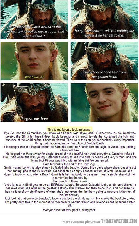 The significance of the three strands of hair Galadriel gave to Gimli- a beautiful story Into The West, Movies Quotes, Heroic Fantasy, Thranduil, Legolas, Nerd Alert, Beautiful Stories, Film Serie, Middle Earth