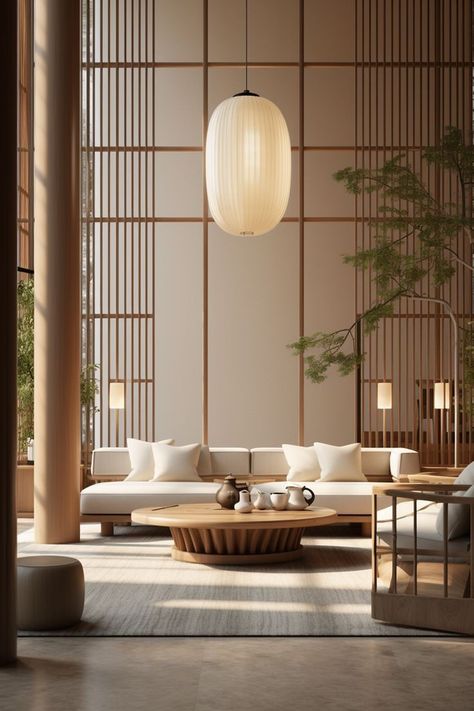 Modern Wooden Interior Design, Japanese Lounge Room, Zen Hotel Room, Japanese Inspired Furniture, Japanese Lighting Design, Japandi Spa, Zen Hotel, Sala Zen, Ethereal Lighting