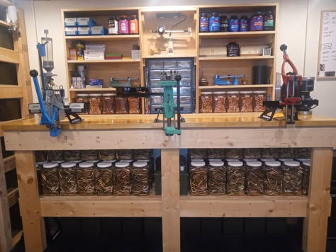 Reloading Table, Reloading Bench Plans, Hunting Room Design, Vault Room, Reloading Room, Safe Ideas, Gear Room, Reloading Bench, Fishing Room